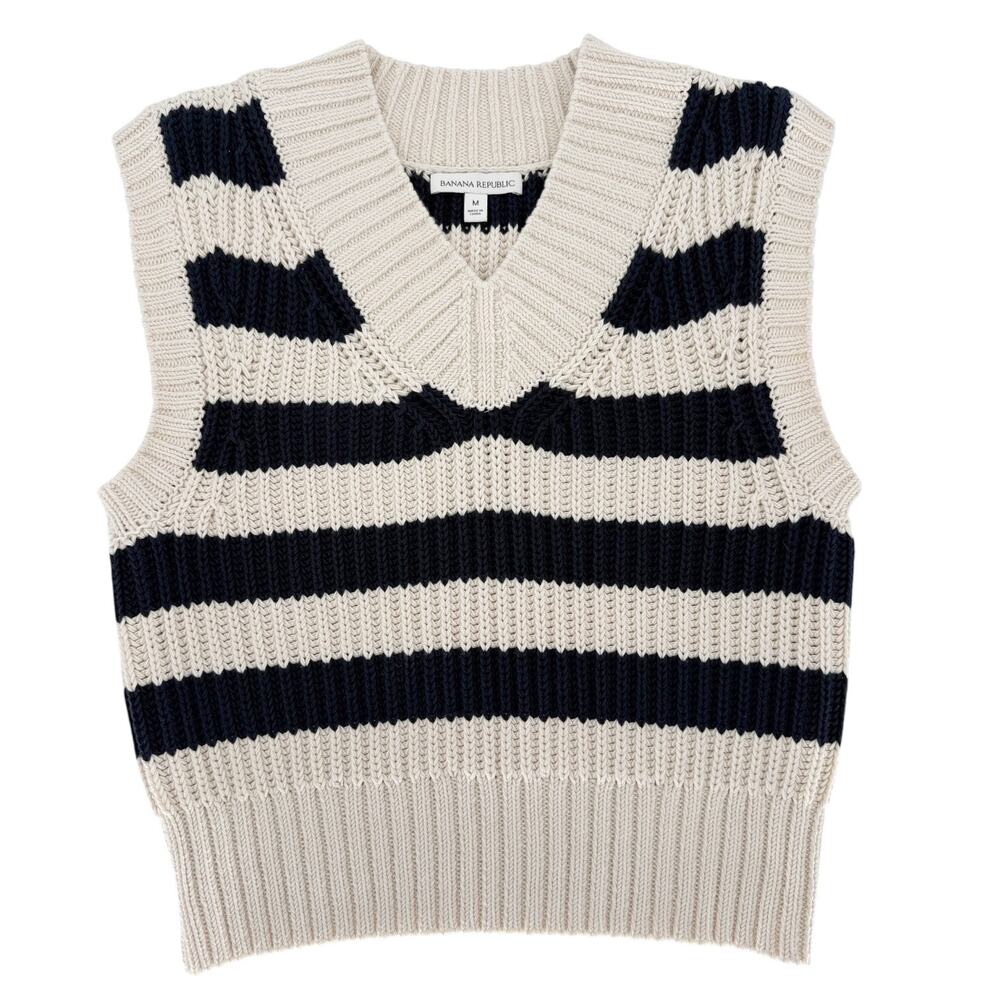 Banana Republic Cotton Cropped Sweater Vest Navy Blue Cream Stripe Size Medium - Picture 3 of 8